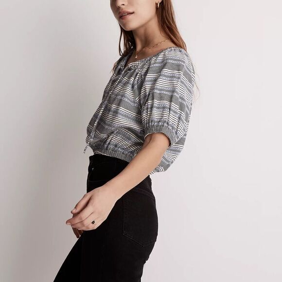 Madewell Jacquard Keyhole Crop Top in Stripe Tranquil Ocean M - Picture 4 of 5